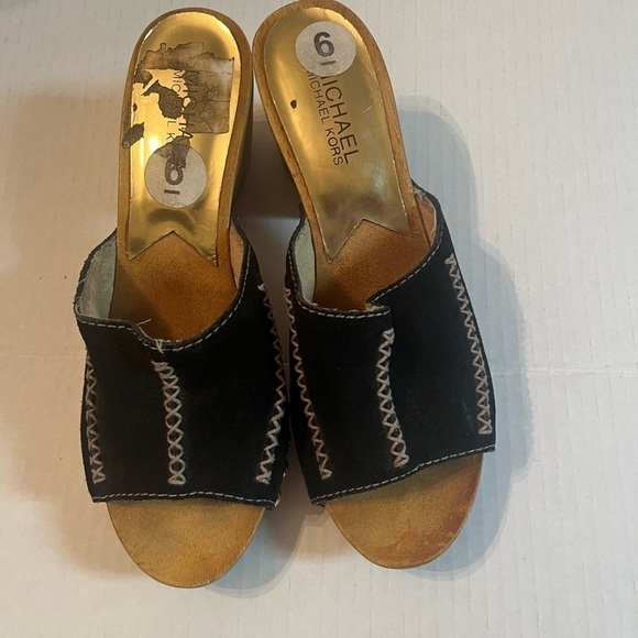 Michael Michael Kors mules wood heels black suede white braid details gold studs - Picture 3 of 9